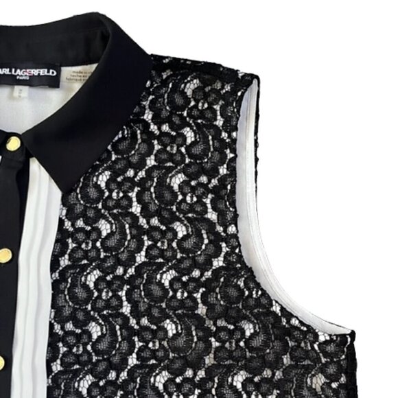 Karl Lagerfeld NWOT Black Lace Overlay White Sleeveless Button Down Shirt Medium - Picture 3 of 13